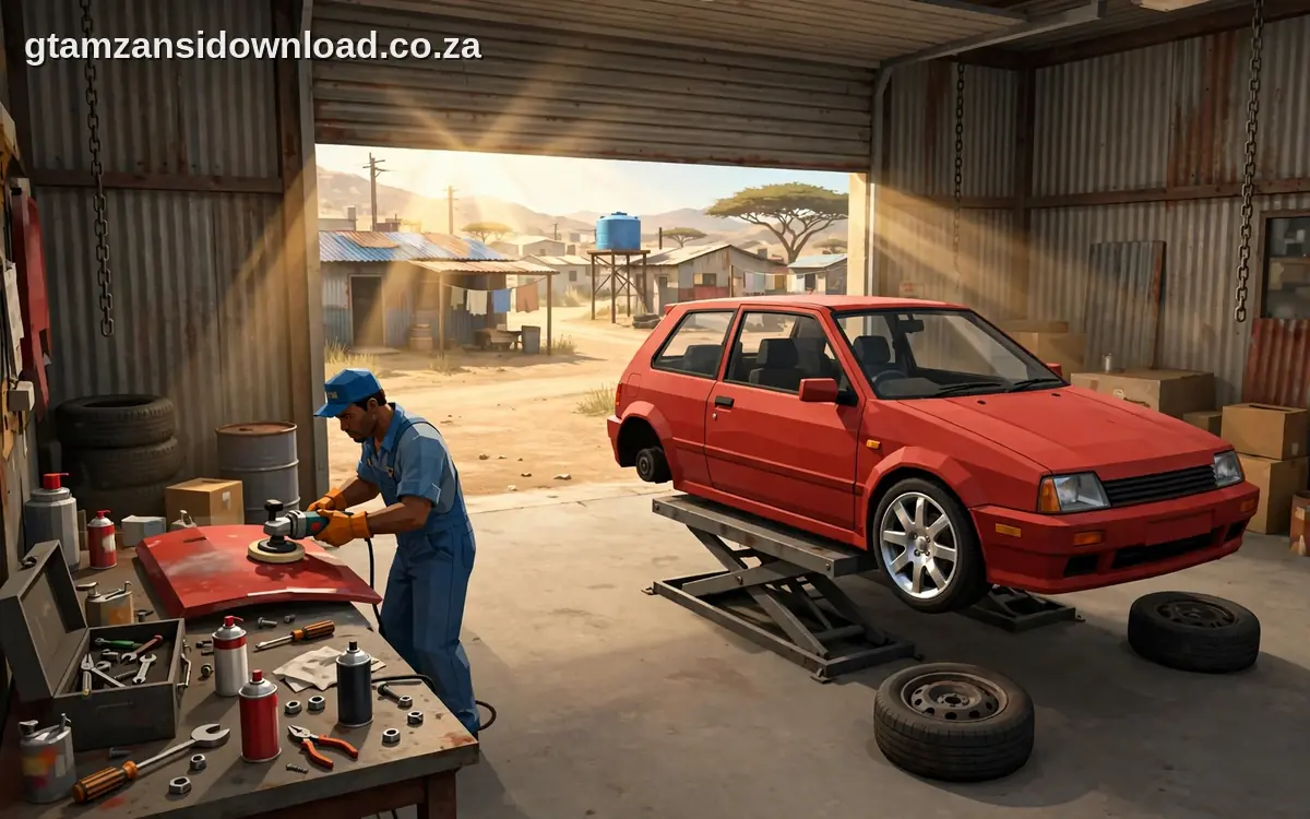 customising a car with fresh paint and new rims in a garage in gta mzansi