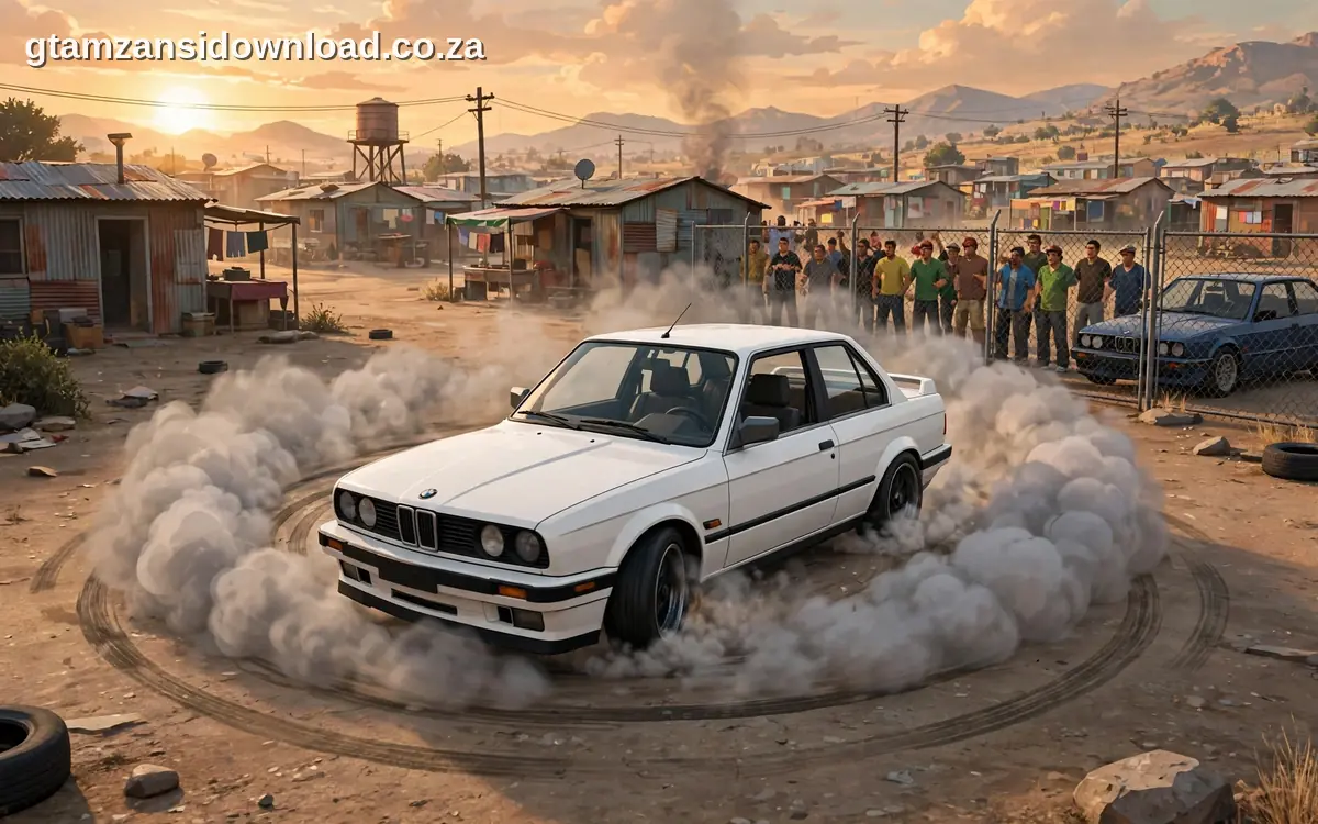 bmw e30 gusheshe spinning in a cloud of tyre smoke in gta mzansi