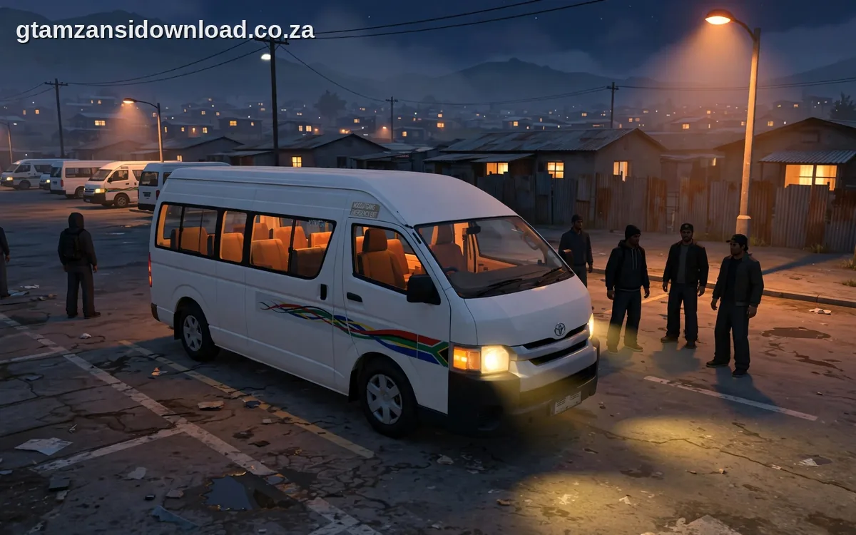quantum taxis at a rank after dark in gta mzansi